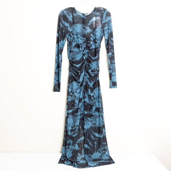 GANNI Blue Printed Mesh O-neck Ruched Long Dress Floral Size 36 - Picture 4 of 14